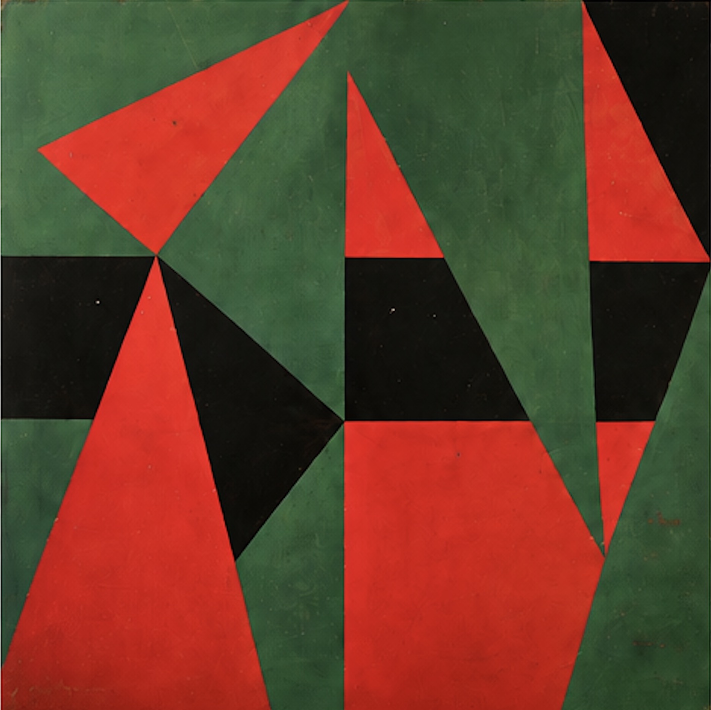 Black, green, and red geometric abstract artwork